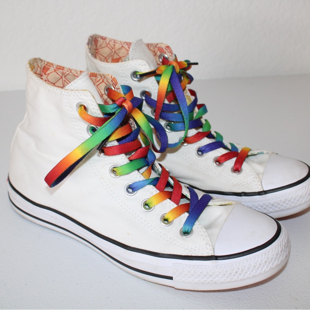 White High-Top Sneakers with Rainbow Laces
